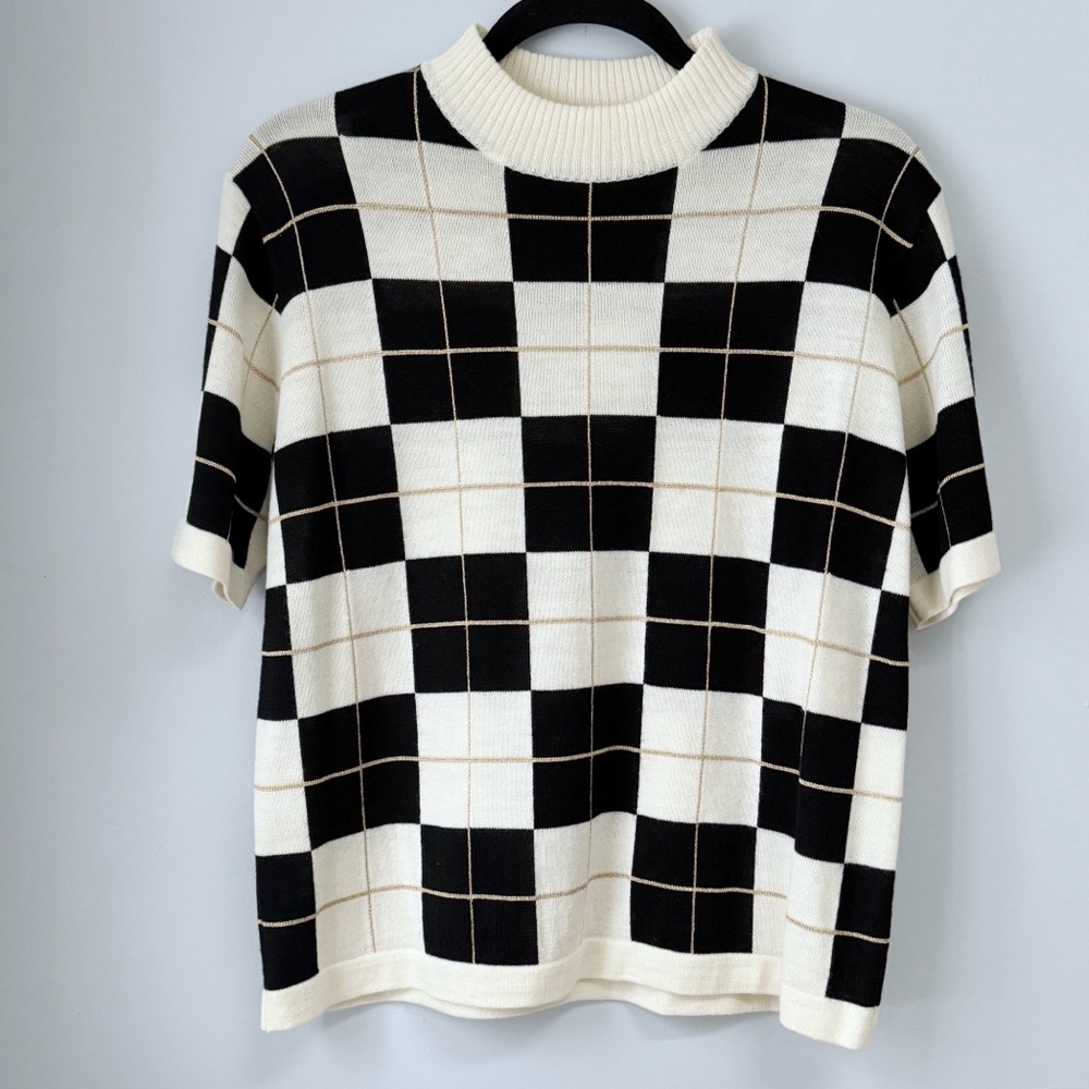 Vintage Jacobson’s Black & Cream Wool Blend Plaid Sweater Petite M Retro Preppy